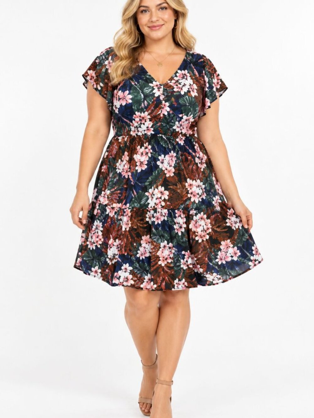 Loralette Floral Tropical Mini Dress Size 16 Flutter Sleeve Boho Resort Vacation